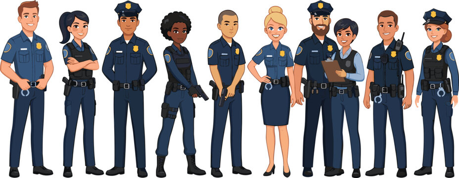 Police officers diverse cartoon character team group collection set standing isolated on white background vector illustration,