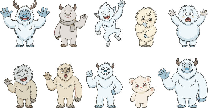 Cute cartoon yeti snowman monster character sticker set vector illustration with various abominable expressions isolated