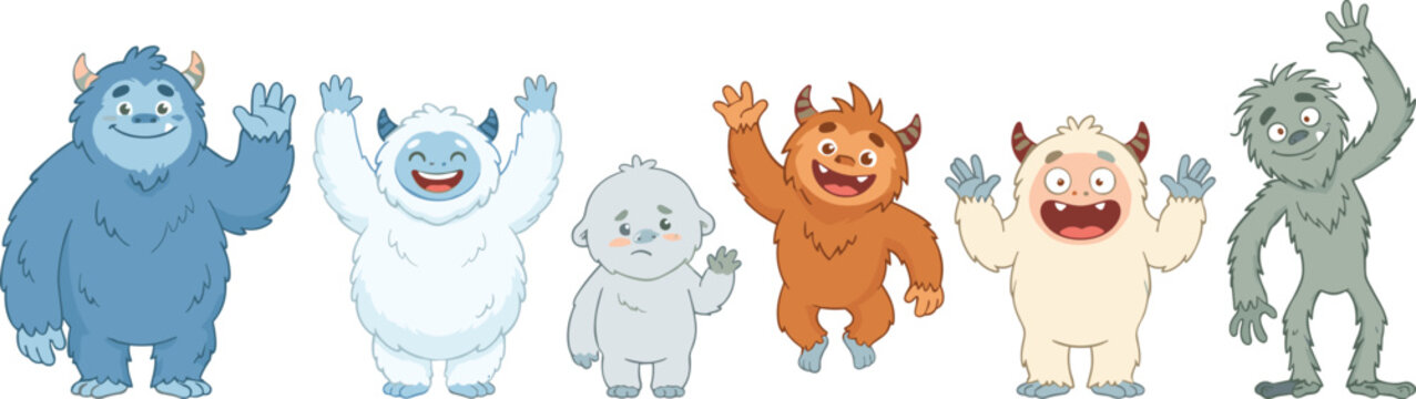 Cute friendly monster cartoon characters collection set waving hands isolated on white background for children illustration