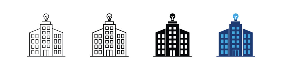 Obraz premium Innovation Center Icon Set, Office Building with Light Bulb Symbol, Creative Company and Smart Business Idea Graphics