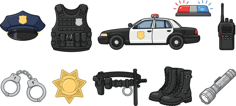 Police equipment and law enforcement vector icon set illustration with cruiser car cuffs and badge isolated