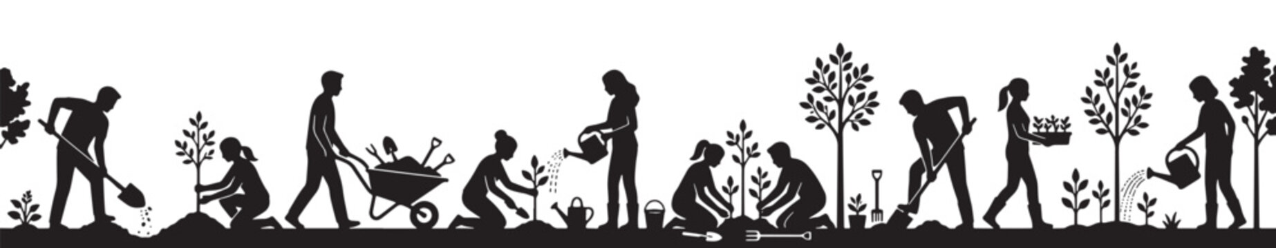 Group of people planting trees and gardening together in silhouette Vector