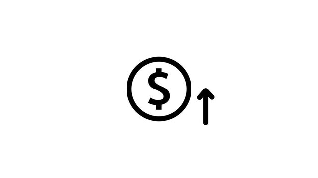 Dollar Price Increase Line Icon up side arrow animation. Minimalist line art dollar coin with rising arrow animated icon for inflation money growth and financial profit.