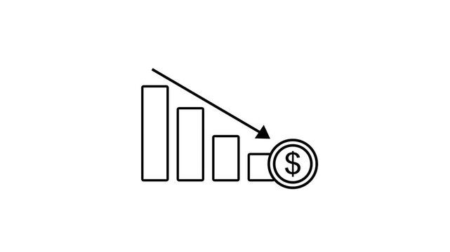 Financial Loss Chart Line Icon. Animated line art graph showing downward trend and dollar coin for bankruptcy price drop and market loss animation. business loss concept animation.