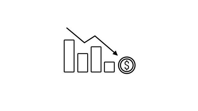 Stock Market Crash Bar Chart Line Icon. Down graph with dollar icon. Black line art bar chart with falling arrow and dollar symbol representing economic recession and stock drop animation.