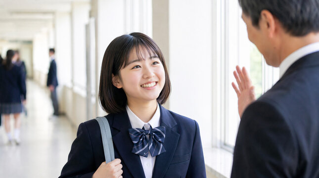 廊下で先生と挨拶を交わす女子生徒　日本の高校生活のイメージ