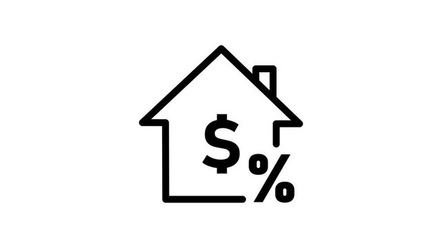 House Mortgage Tax Line Icon animation. Minimalist line art house icon with dollar and percentage sign for real estate mortgage property tax and housing loan icon.