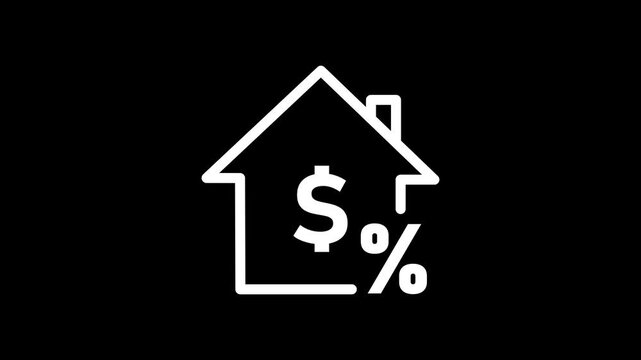 House Mortgage Tax Line Icon animation. Minimalist line art house icon with dollar and percentage sign for real estate mortgage property tax and housing loan icon.