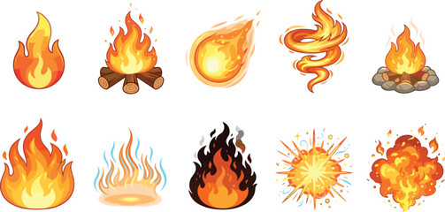 Cartoon fire flame effect and explosion sticker set vector illustration with burning fireball magic elements isolated © MstLaky