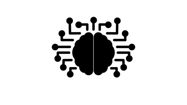 AI Brain Circuit Line Icon. Minimalist line art human brain with digital circuit nodes animated icon representing artificial intelligence machine learning and deep tech concept animation.