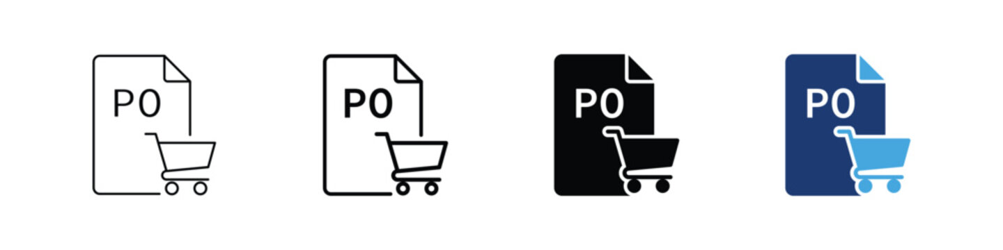 Purchase Order Icon Set, PO Document with Shopping Cart Symbol, Commercial Procurement and Order Confirmation Graphics