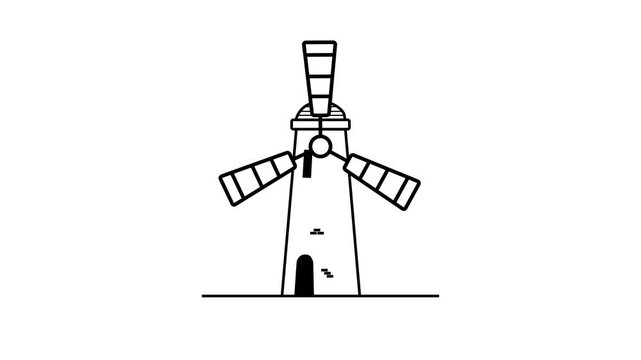 Animated 2D windmill line icon motion graphic on white background. simple line art windmill spinning animation.