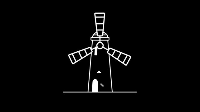 Animated 2D windmill line icon motion graphic on black background. simple line art windmill spinning animation.