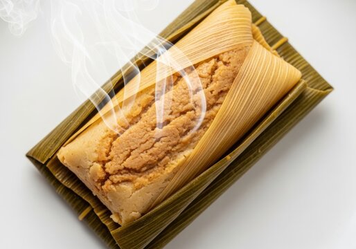 Fresh steamed tamale wrapped in a green banana leaf served on a rustic wooden plate for a traditional meal snack isolated on white background
