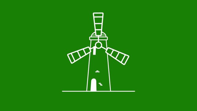 Animated 2D windmill line icon motion graphic on green background. simple line art windmill spinning animation.