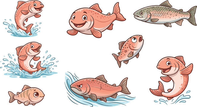 Cute salmon trout fish cartoon character sticker set vector illustration with friendly jumping and swimming poses isolated