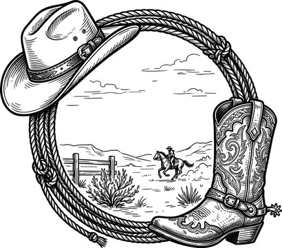 Wild west cowboy hat and leather boot with lasso rope circular frame vintage engraving style emblem design