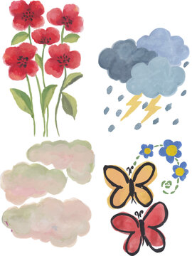 Red flowers, cloudy and stormy, pastel cloud, butterflies and flowers hand drawn watercolour