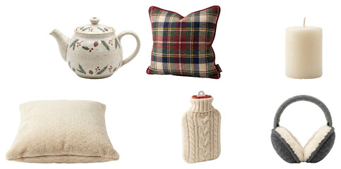 A collection of cozy winter comfort items and seasonal decor for warm indoor relaxation. © A2026_XXX