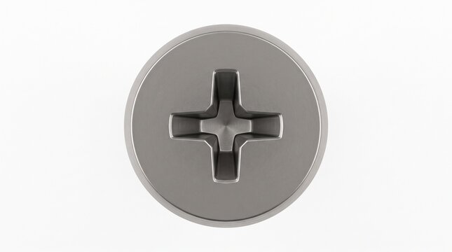 A clean Phillips cross head screw viewed from the top, isolated on a white background with soft shadows, suitable for construction, engineering, and hardware concepts.