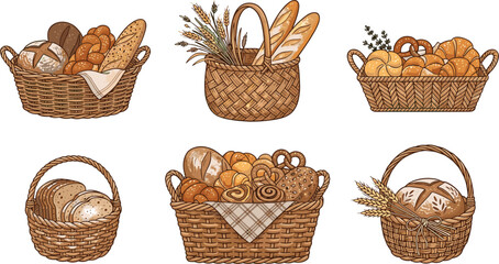 Fresh bakery bread wicker basket vector collection featuring realistic baguette pretzel wheat and organic sourdough loaf set. © MstLaky