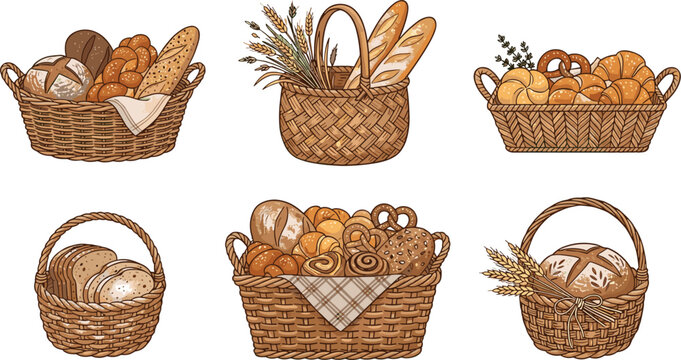 Fresh bakery bread wicker basket vector collection featuring realistic baguette pretzel wheat and organic sourdough loaf set.