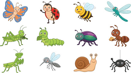 Cute cartoon insects vector character collection with friendly bugs butterflies bee snail and spider for kids illustration. © MstLaky