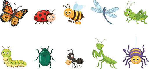 Cute cartoon insects vector character bundle with friendly bugs butterfly ladybug bee and spider for kids illustration. © MstLaky