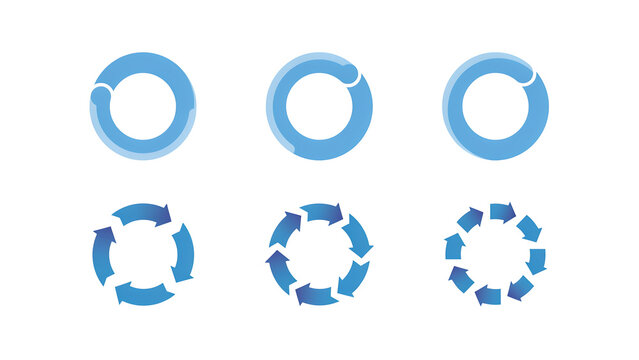 Set of blue circular loading icons and rotating arrow cycles isolated on white background with rotation progress interface animation