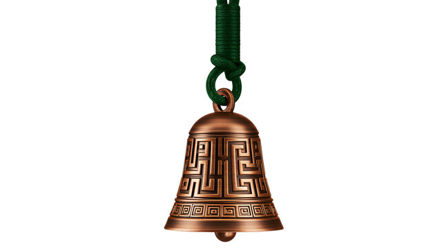 Detailed bronze bell with intricate patterns and a decorative rope hanging isolated on a transparent background, symbolizing harmony and ancient traditions