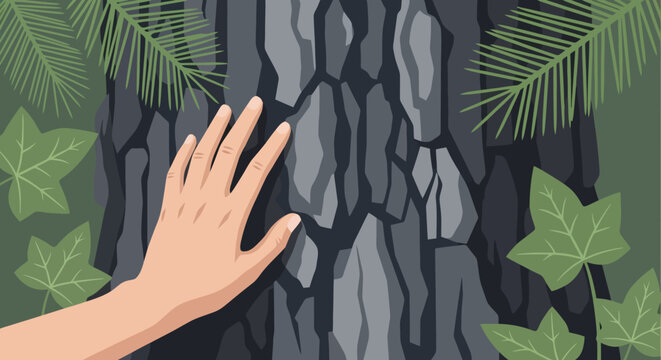 Human hand touching rough tree bark in forest with green leaves