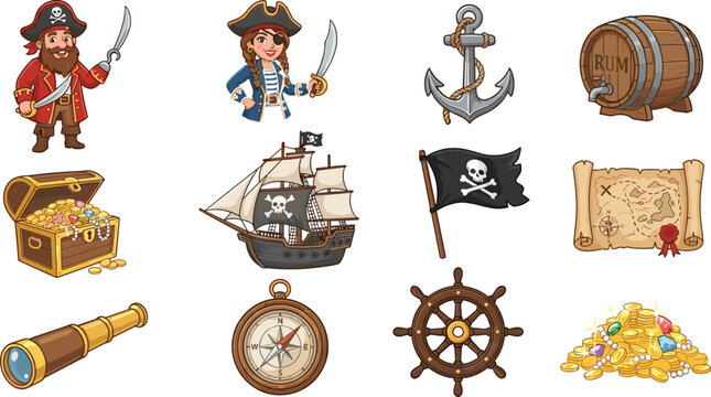 Cute pirate adventure vector icon set with cartoon characters ship treasure chest flag and nautical design elements.