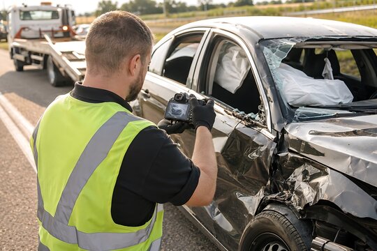 Insurance adjuster inspecting a heavily damaged car after a road accident with a tow truck in the background