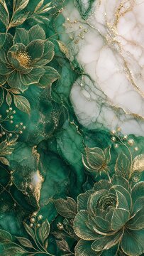 Emerald floral ornament with gold veining on a white marble background
