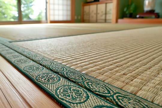 畳の縁が美しい和室の伝統的な室内風景