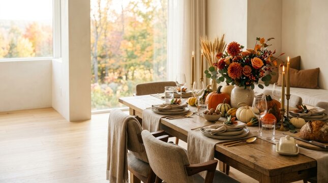 Rustic autumn dining table setup with seasonal floral centerpiece and pumpkins in sunny modern room