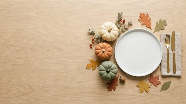 Minimalist autumn table setting featuring decorative pumpkins and fall foliage on light wood surface