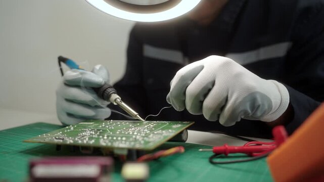 Close-up an electronics technician soldering a printed circuit board during electronic equipment repair. Precision engineering, PCB diagnostics, right to repair. Technology and electronics service.
