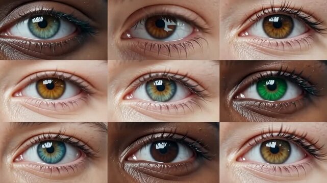Diverse close-up shots of human eyes showcasing various colors, textures, and expressions, highlighting the beauty of different eye types in a visually engaging arrangement