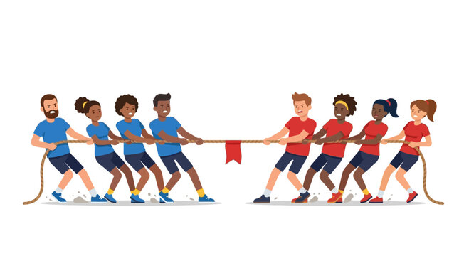People compete in a friendly tug of war game while pulling a rope with a red flag in the center.