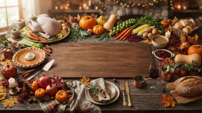 Traditional thanksgiving dinner table setup with turkey pumpkin pie bread with prepared traditional autumn