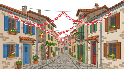 Obraz premium Town street adorned with red and white festive garlands features stone houses and closed window shutters.