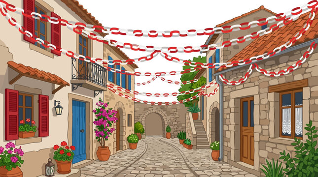 Street festoon decorations hang between old stone buildings in a narrow European village alleyway.
