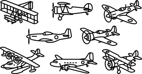 Collection of eight vintage airplane silhouettes featuring various historical aircraft models in black line style © UzzoulChandra