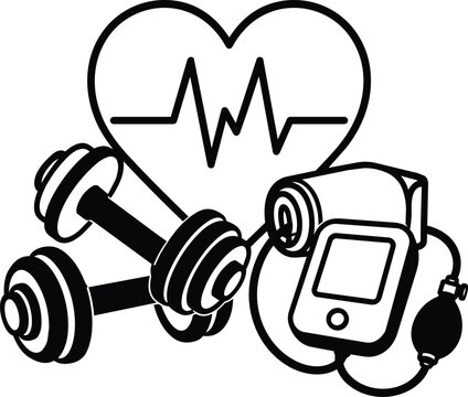 Hebeat line drawing with dumbbells and blood pressure monitor medical equipment