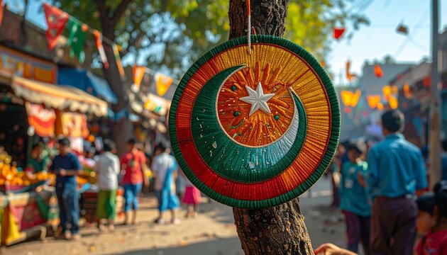Decorated tree with Islamic calligraphy and flags evoking tradition, community, and cultural commemoration.