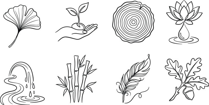 Set of eight black and white line depicting natural like leaves, water, bamboo, a feather, and a tree ring section