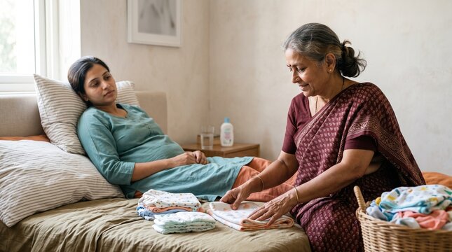 Indian mother with grandmother, postpartum depression family support, baby clothes on bed, warm horizontal lifestyle scene with copy space