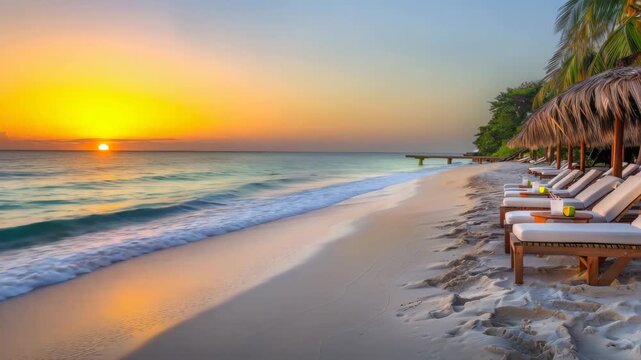 Beautiful Sunset Beach with Lounge Chairs and Ocean View
