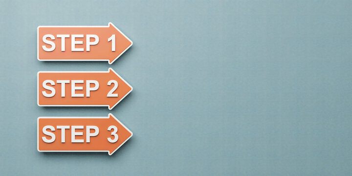 Orange arrows labelled step 1 step 2 step 3 pointing right on blue background planning strategy sequence business development progression management direction instruction achievement